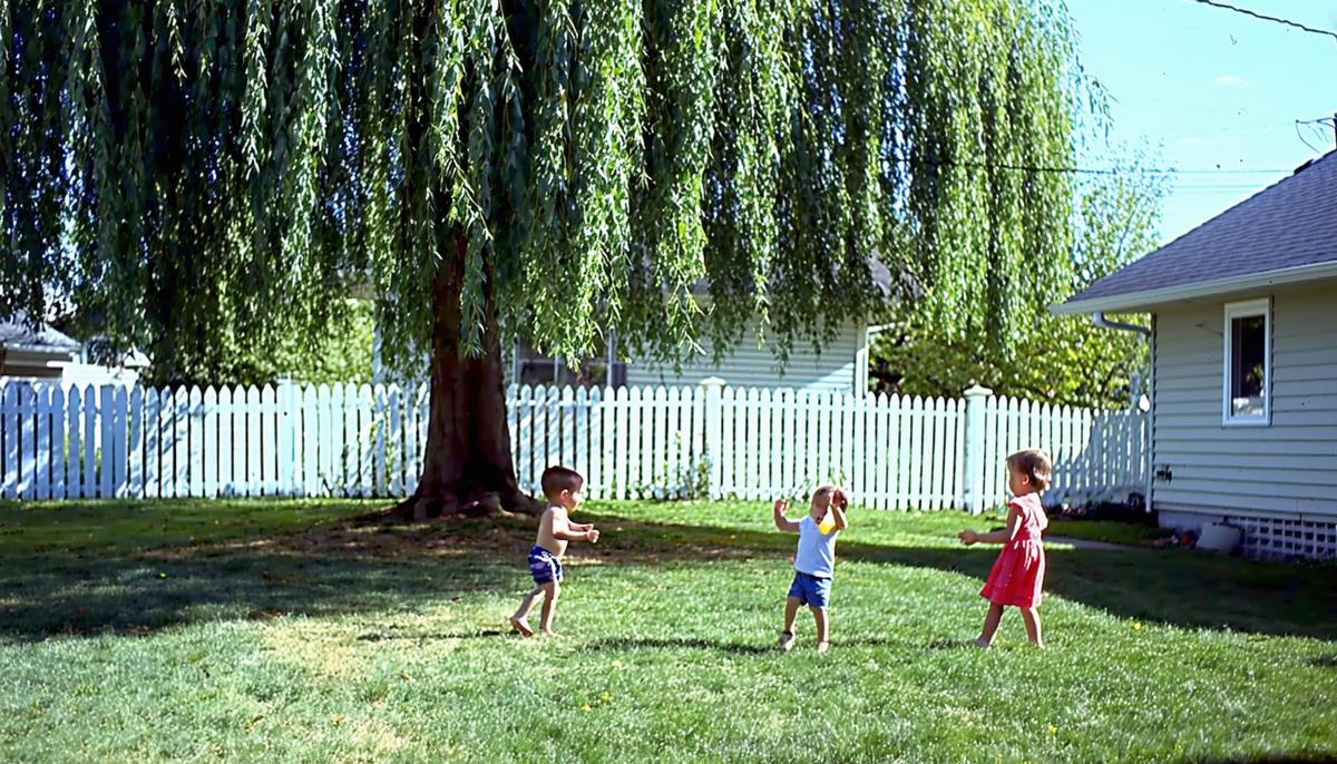 Children playing hide and seek in a 1950s backyard with a willow tree and white picket fence