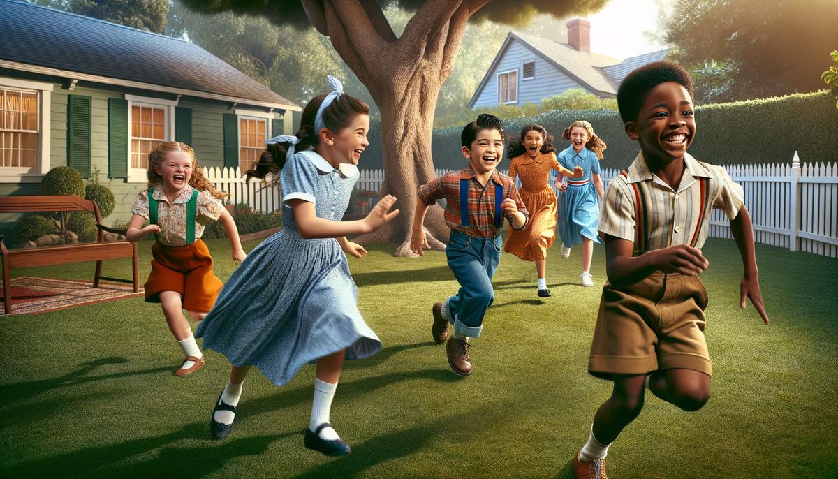 Children playing tag in a 1950s backyard, running and laughing