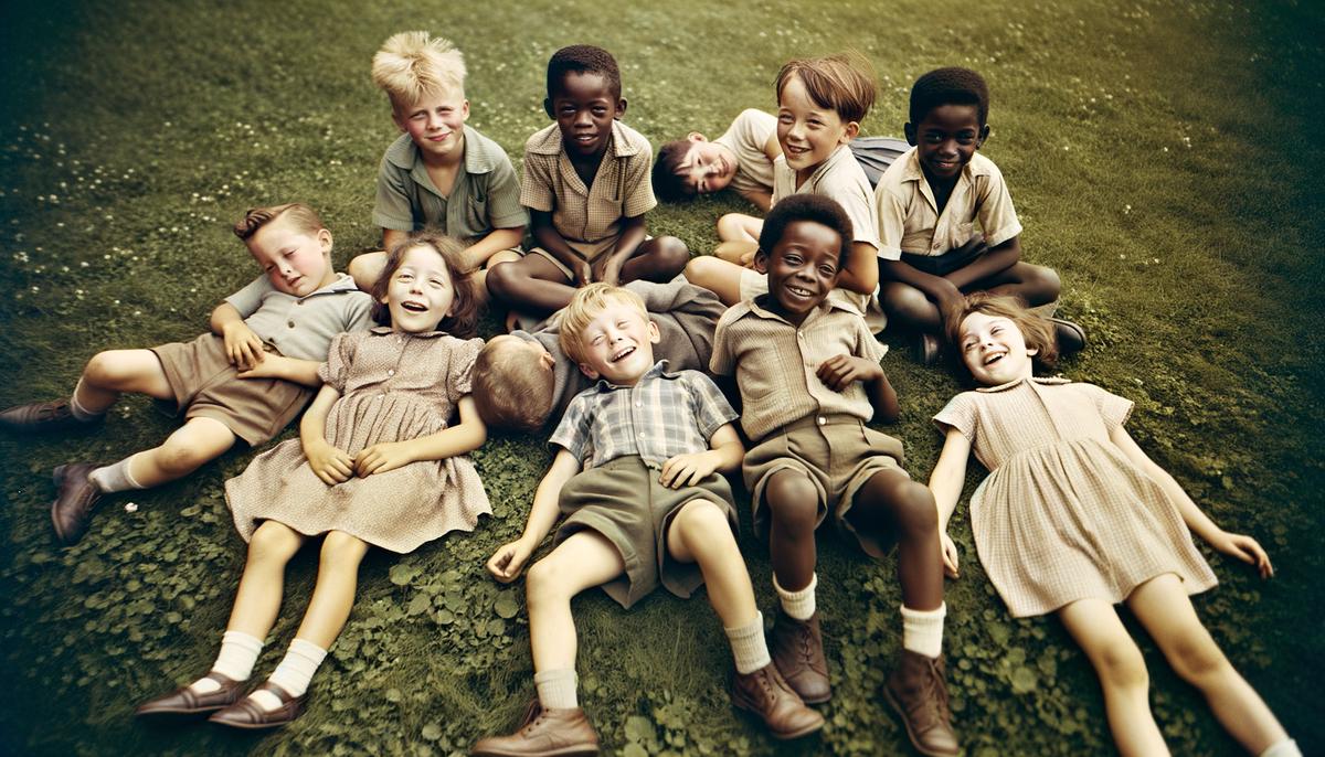 A group of tired but happy 1950s children lying on the grass after playing