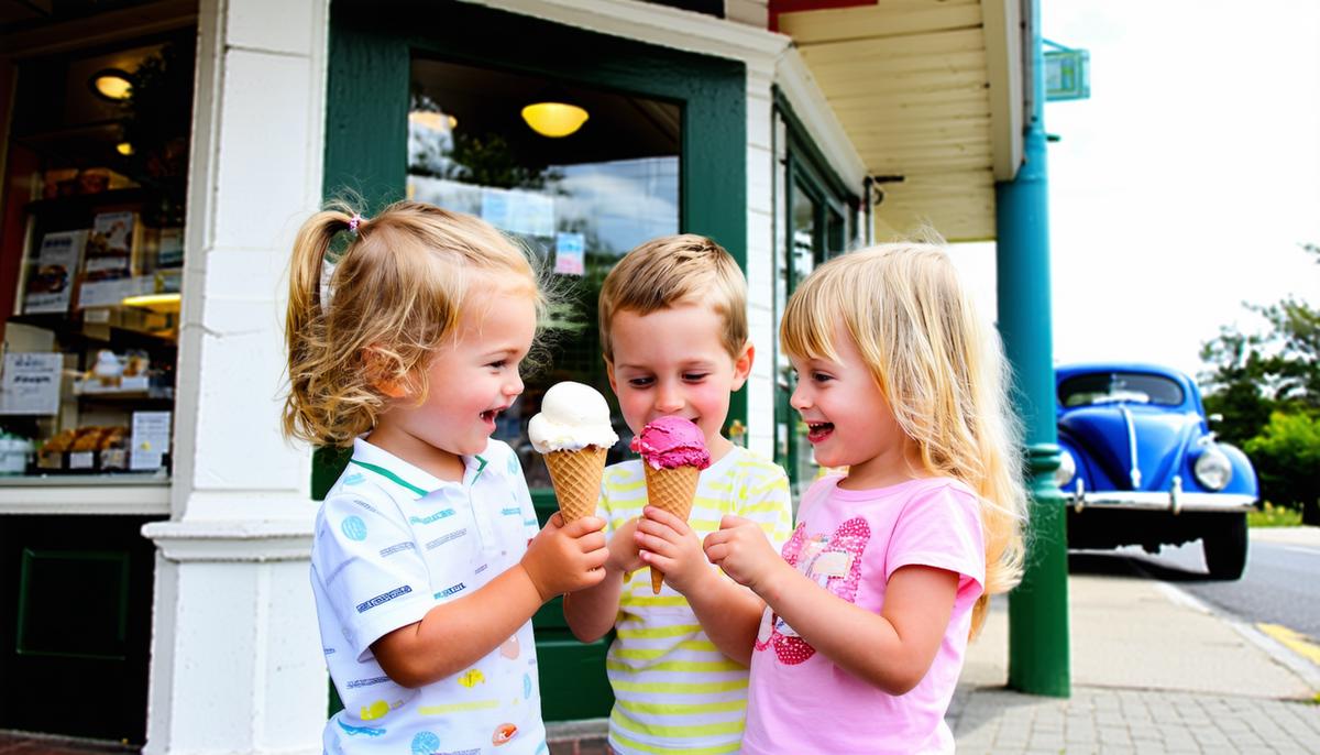 Four white children sharing an ice cream cone outside a 1950s corner store