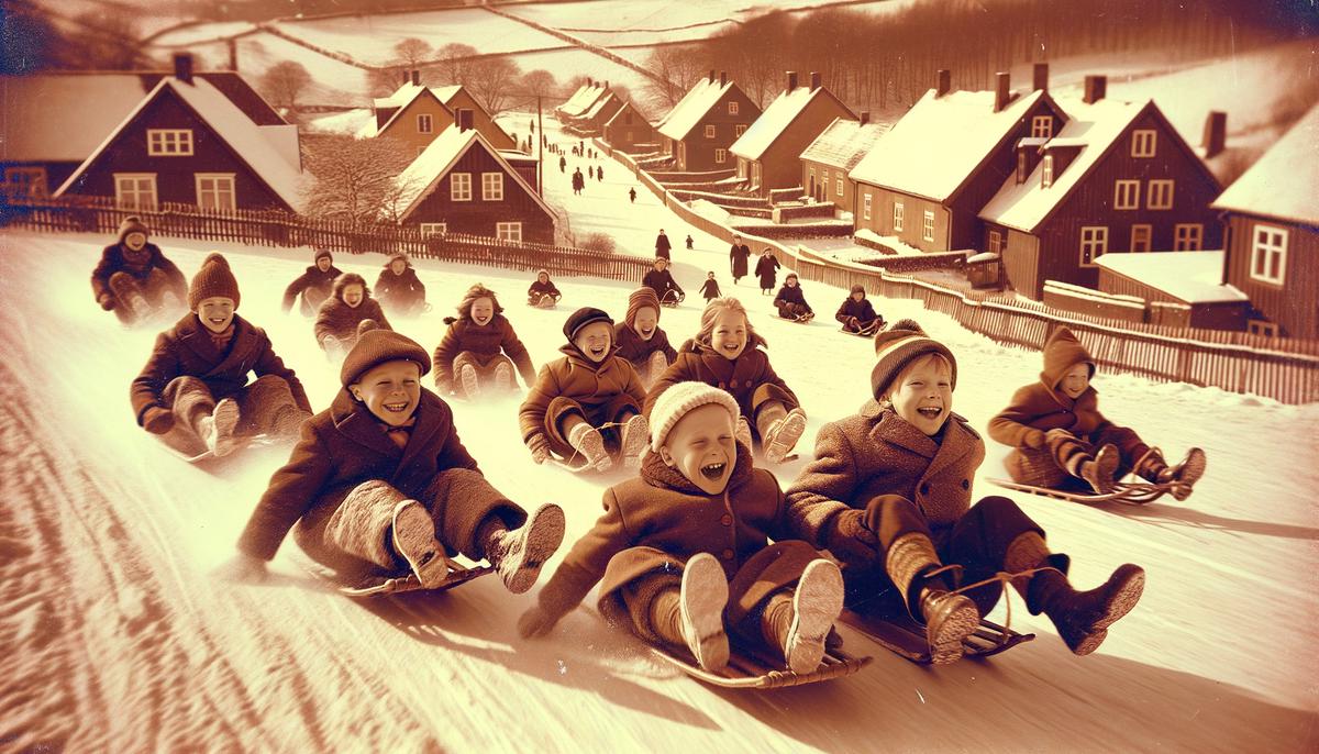 Children racing down a snowy hill on sleds in a 1950s winter scene
