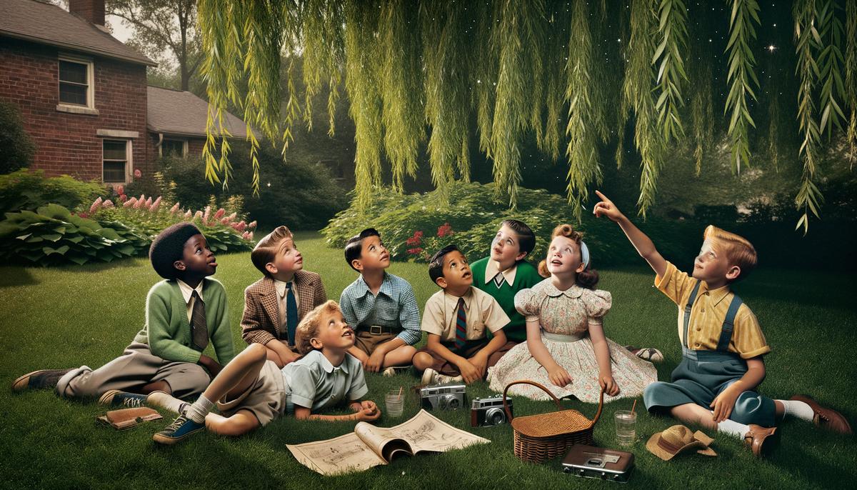 Children lying on the grass under a willow tree, looking up at the stars in a 1950s backyard