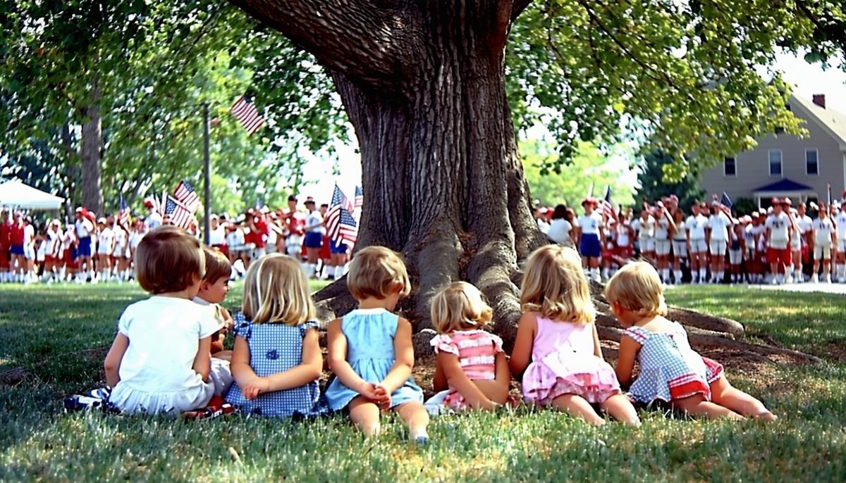 Children sitting under an oak tree after a 1950s Fourth of July parade