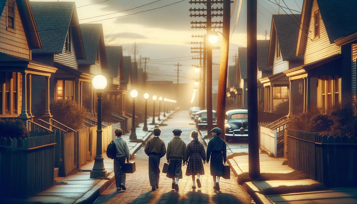 Four white children walking home at twilight in a 1950s neighborhood