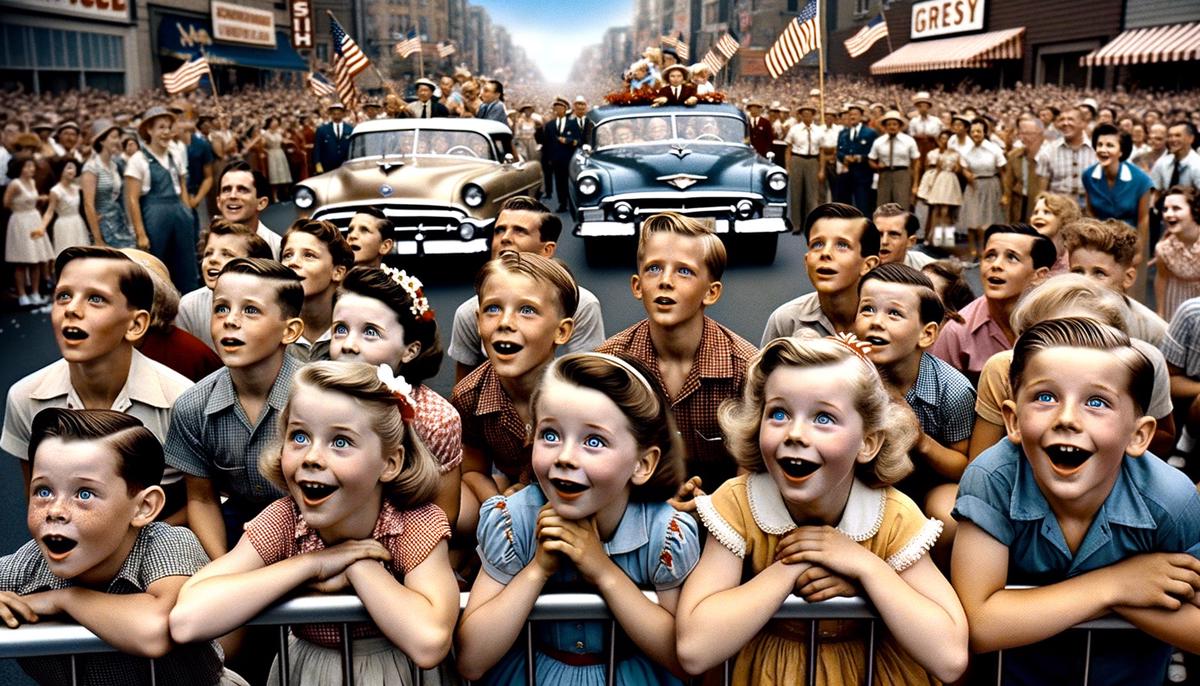 A group of children excitedly watching a 1950s Fourth of July parade