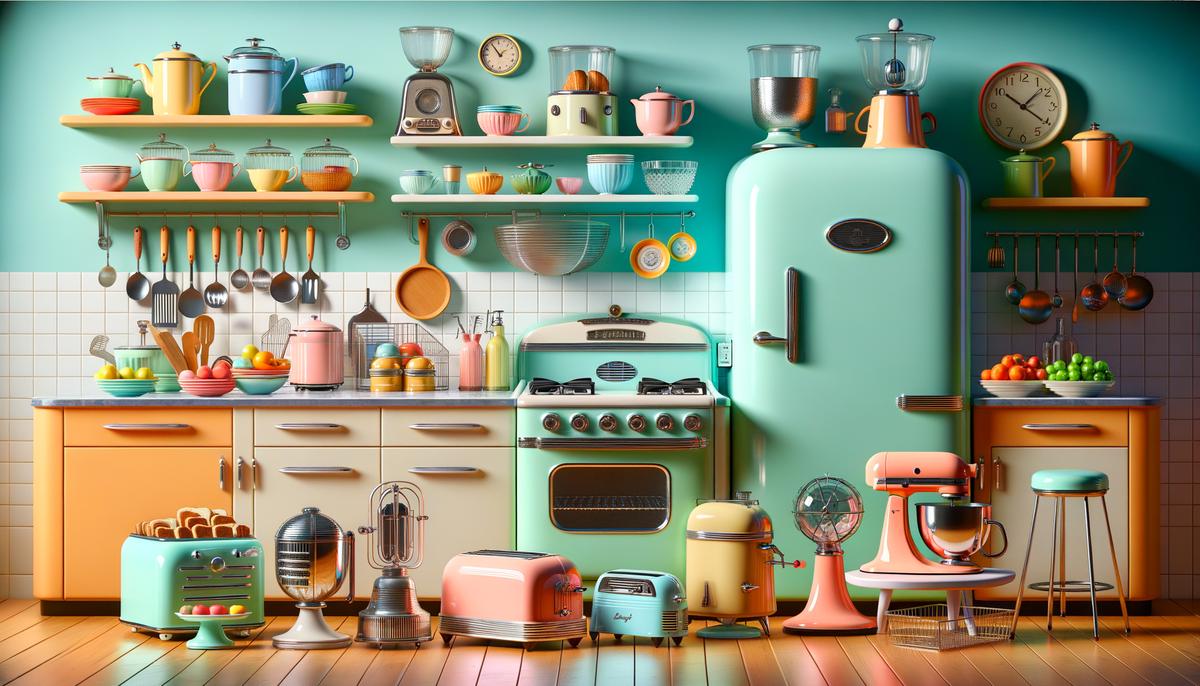 An array of colorful 1950s kitchen gadgets and appliances