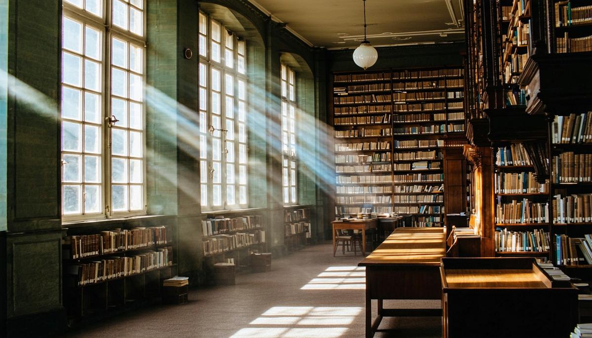 Interior of a 1950s library with sunlight streaming through tall windows