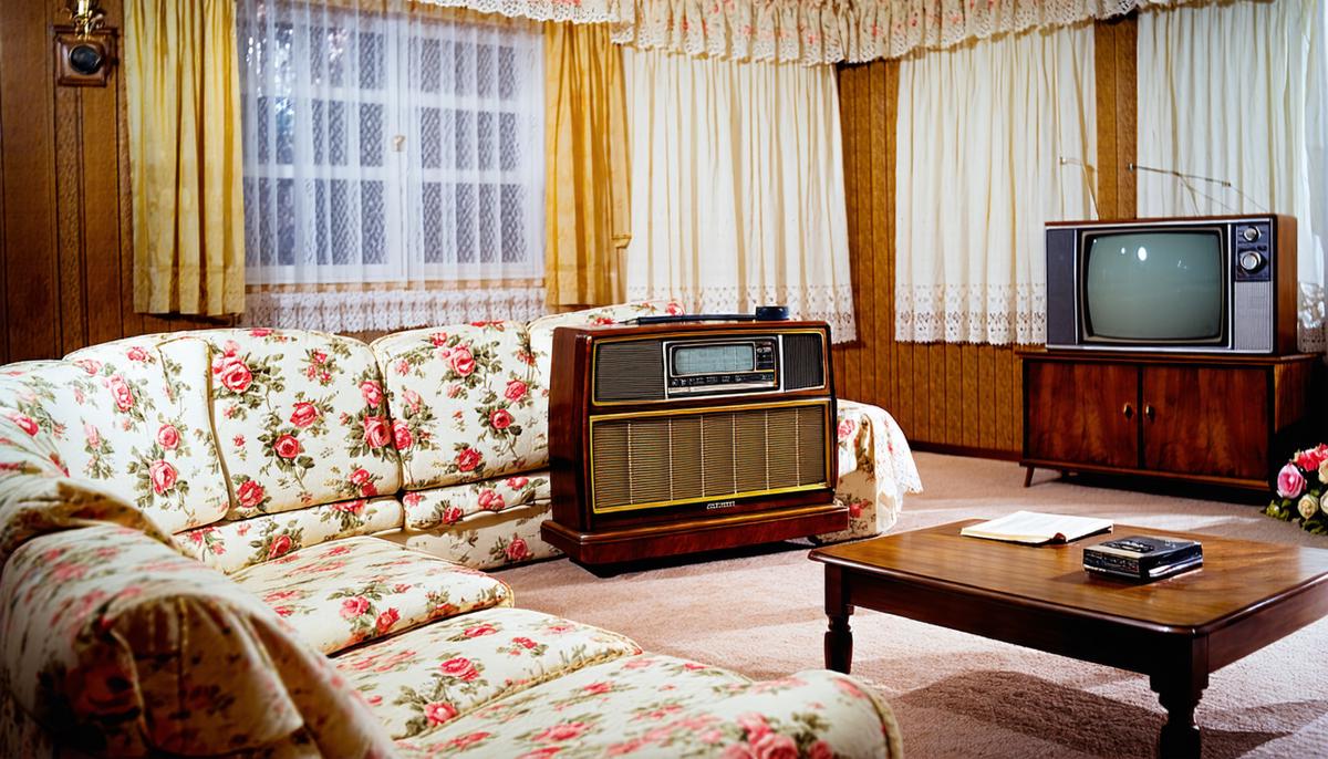 A cozy 1950s living room with a prominent wooden radio, floral sofa, and lace curtains