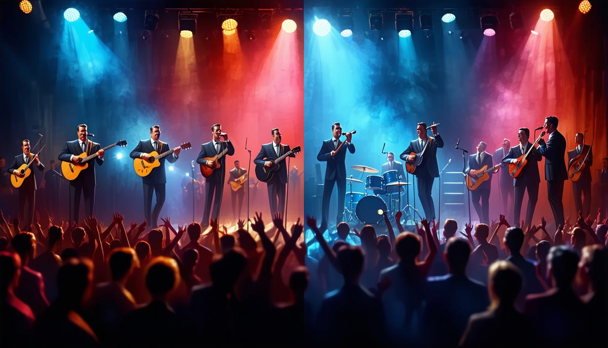 Split scene showing a big band performance transitioning into a rock and roll concert, representing the changing music landscape of the 1950s