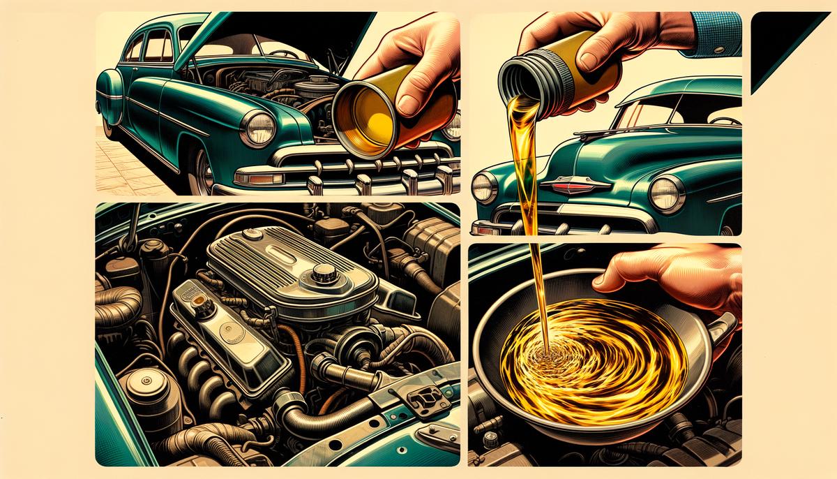 A series of images showing the steps of changing oil in a 1952 Chevrolet Bel Air, including draining old oil, replacing the filter, and adding new oil