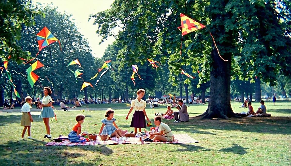 A 1950s park scene with families picnicking and children flying kites