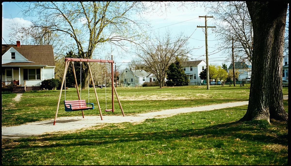 A 1950s neighborhood park with old swings and a big open field