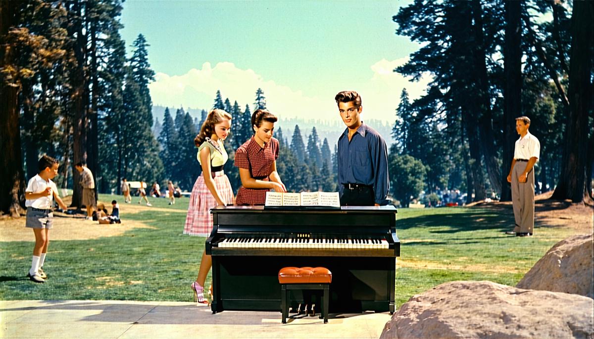 1950s commercial set in Griffith Park with a self-playing piano, teenagers, and James Dean at the center