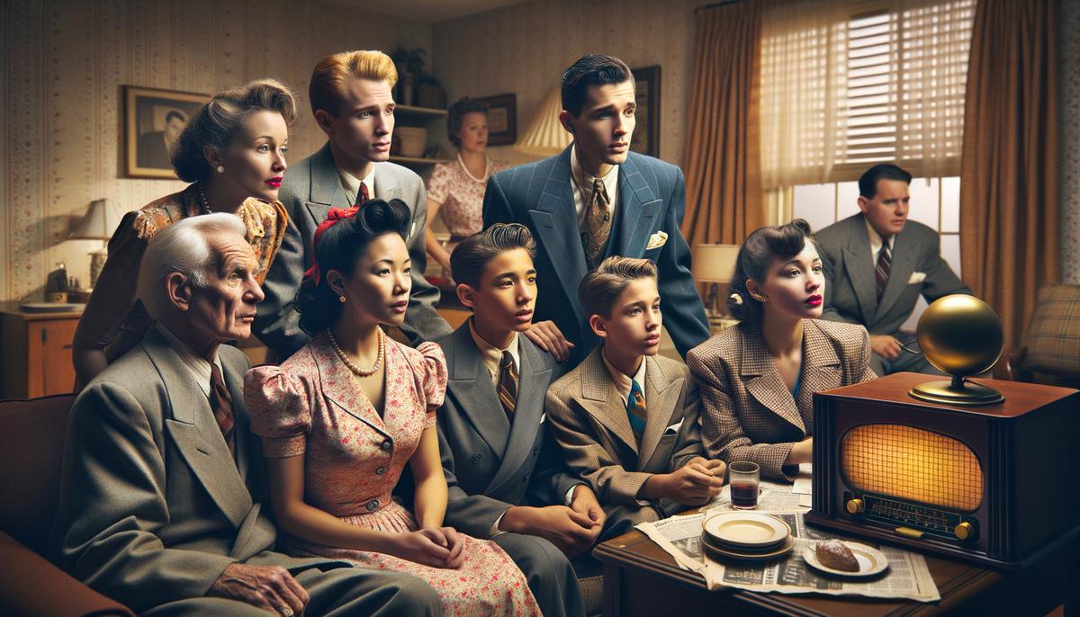 1950s family gathered around a radio in their living room, listening to a program featuring Bing Crosby or Perry Como