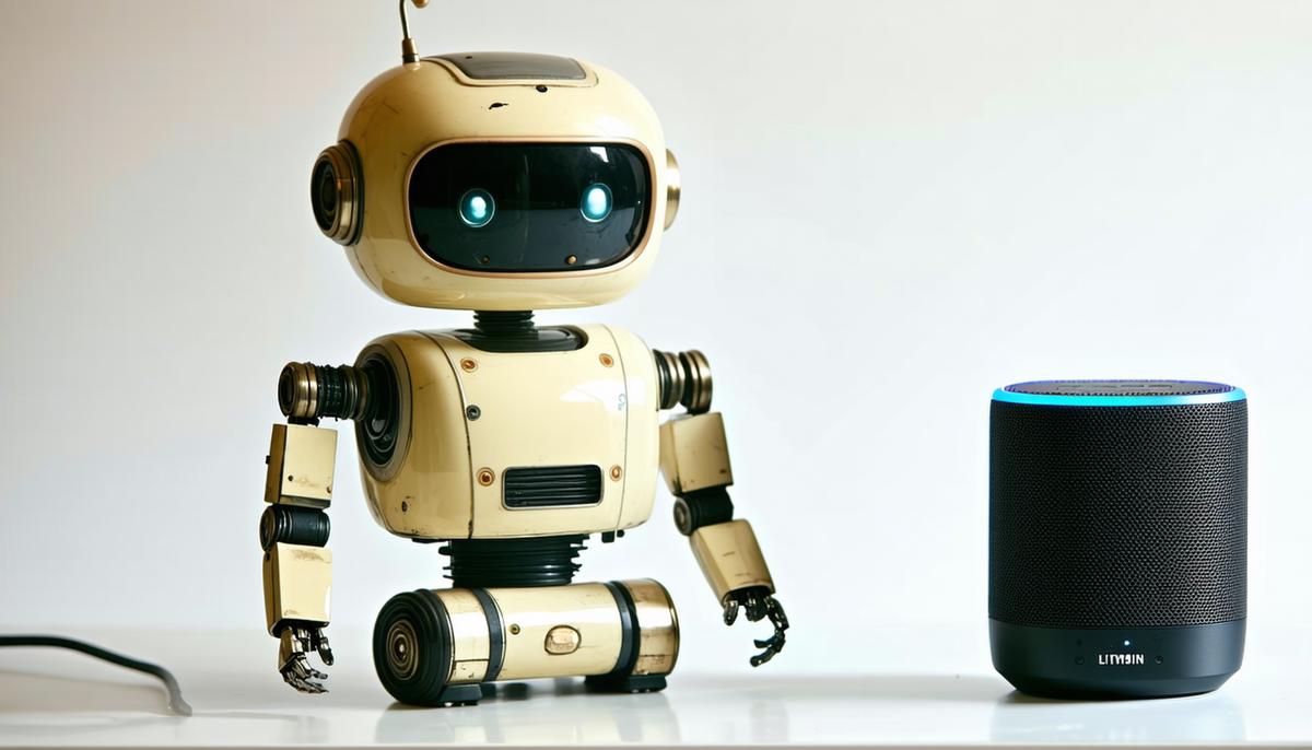 A 1950s robotic assistant transitioning to a modern smart speaker