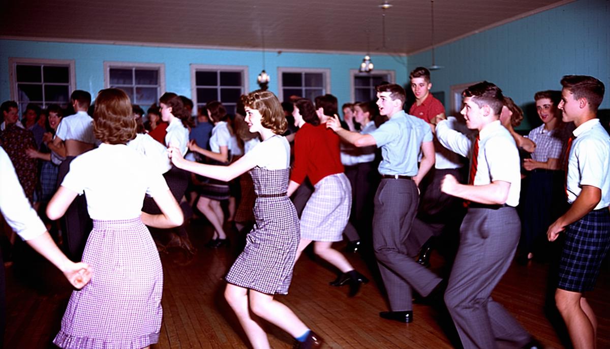 A 1950s school dance with teenagers dancing to The Del-Vikings