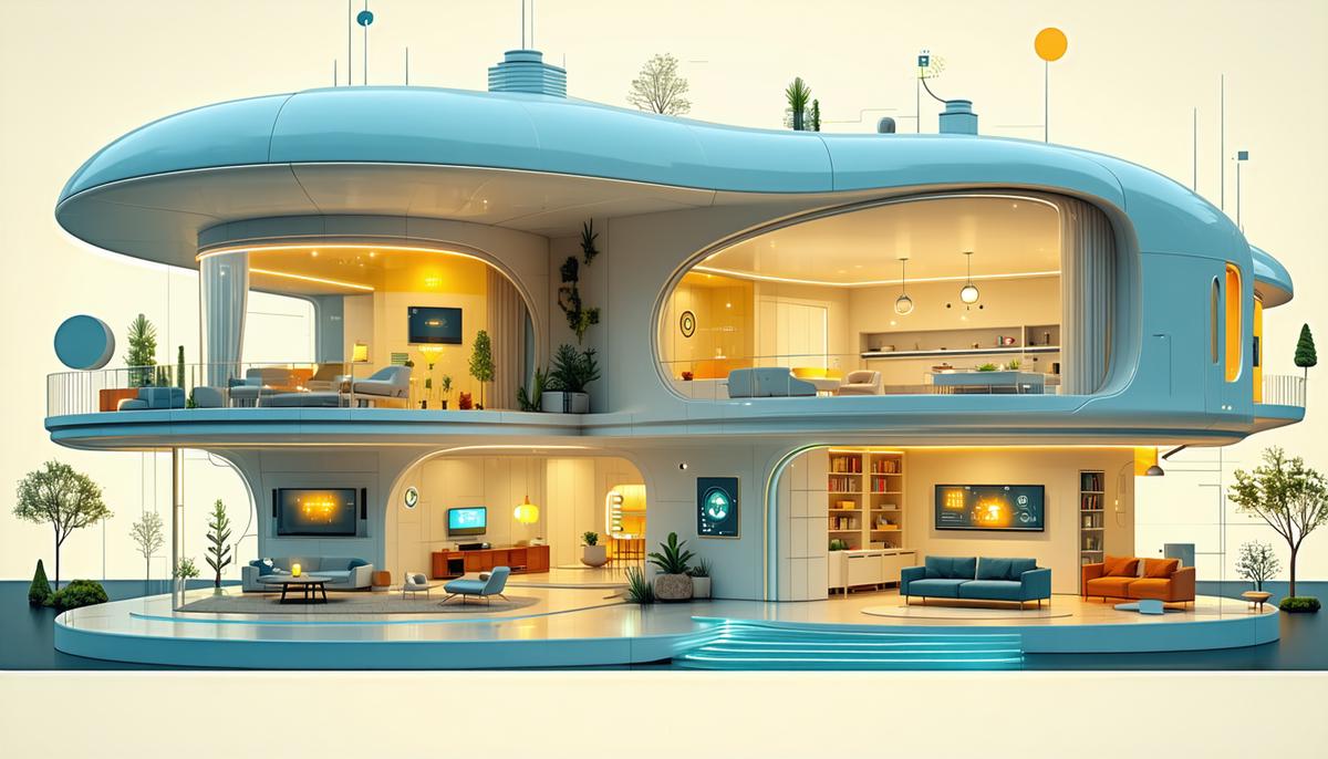 A 1950s concept of a futuristic smart home transitioning to a modern IoT-enabled house