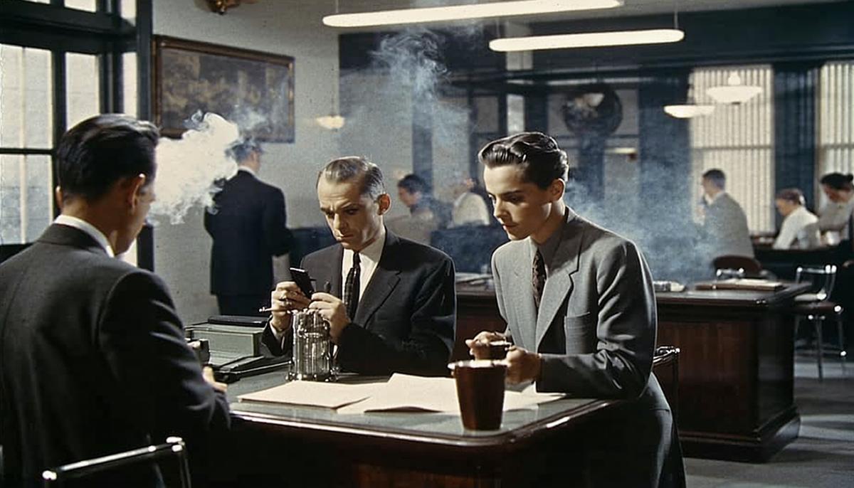 A 1950s office scene with multiple people smoking indoors