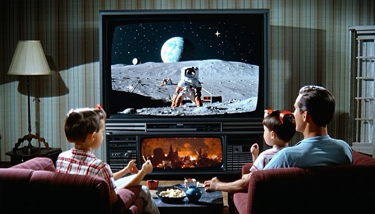 A 1950s family watching a sci-fi space show transitioning to a real moon landing