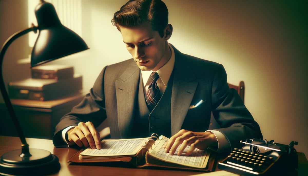 1950s accountant reviewing a short, simple tax code book
