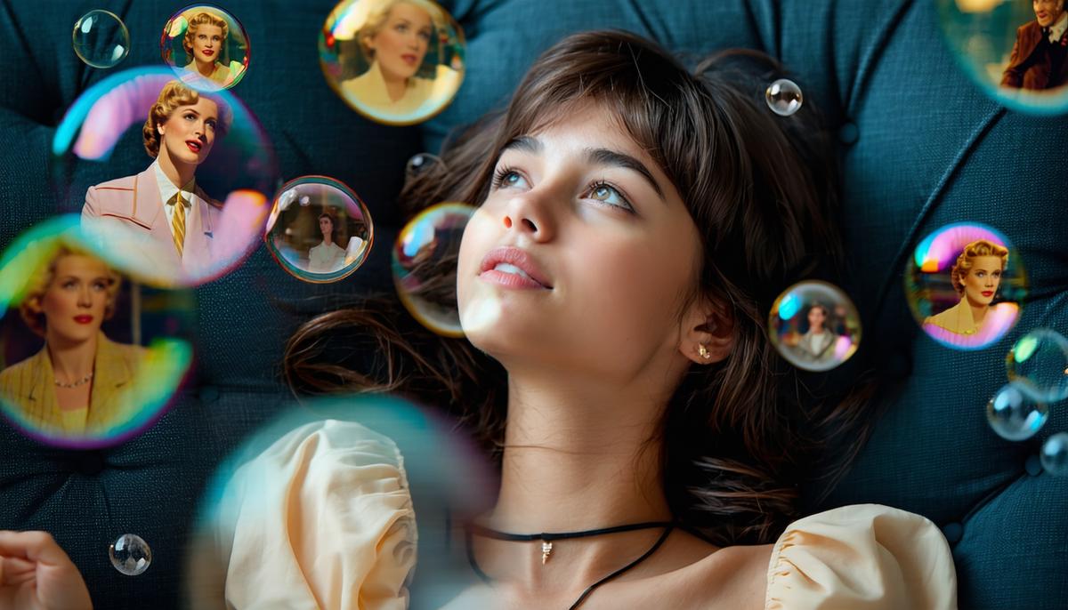A sleeping teenage girl with dream bubbles showing 1950s movie scenes and stars