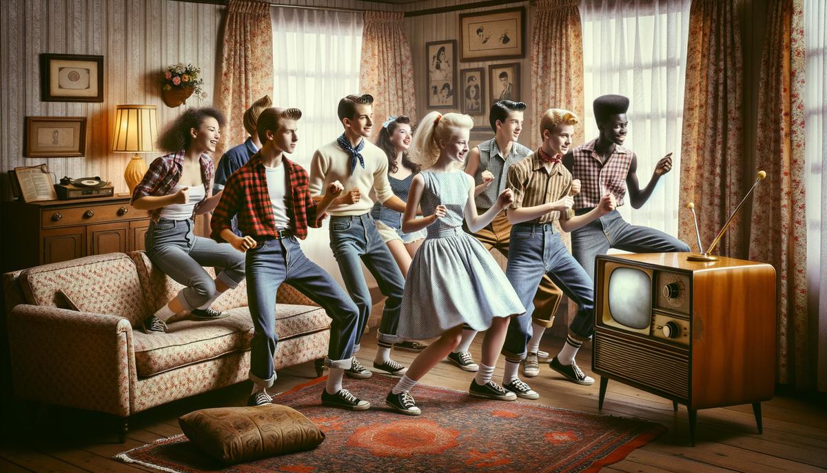 Teenagers dancing to rock 'n' roll music in a 1950s living room