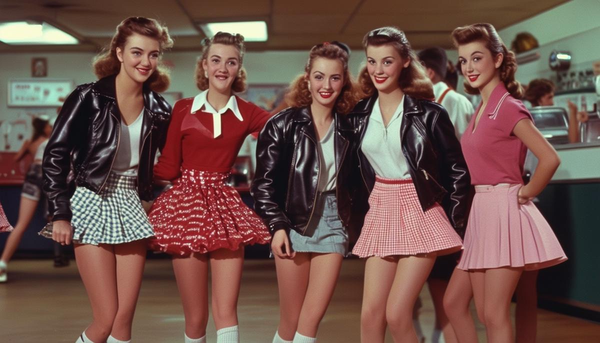 1950s teenagers in typical sock hop fashion, showcasing poodle skirts and leather jackets