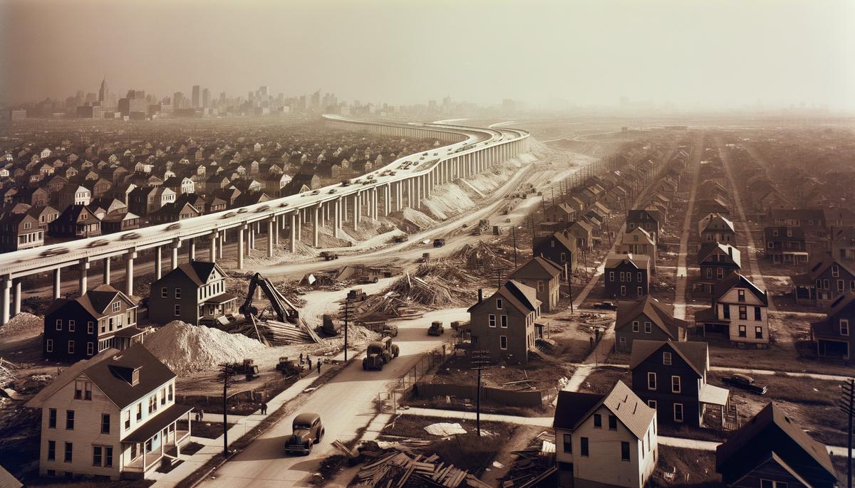 Highway construction cutting through an urban neighborhood in the 1950s
