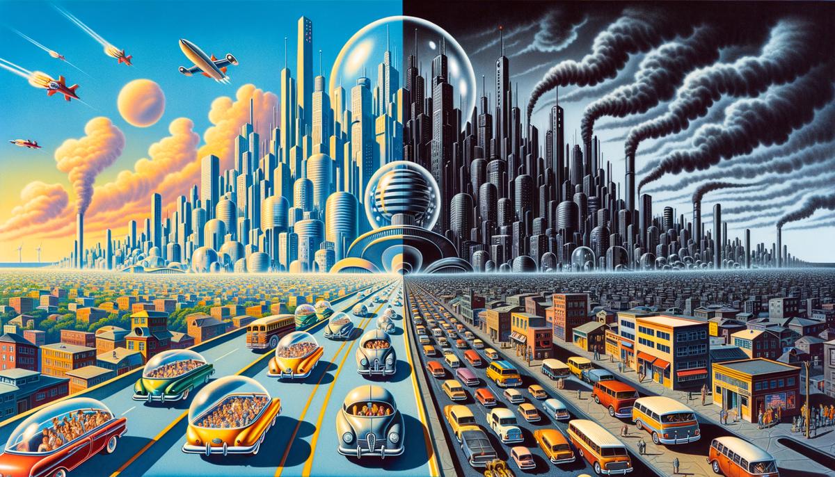 A split image contrasting a utopian and dystopian vision of the future as imagined in the 1950s
