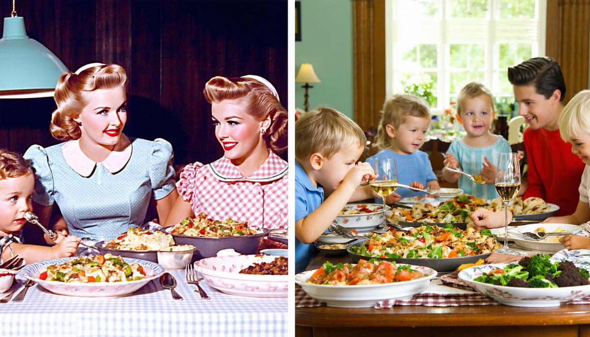 Split image comparing a 1950s family dinner to a modern family meal