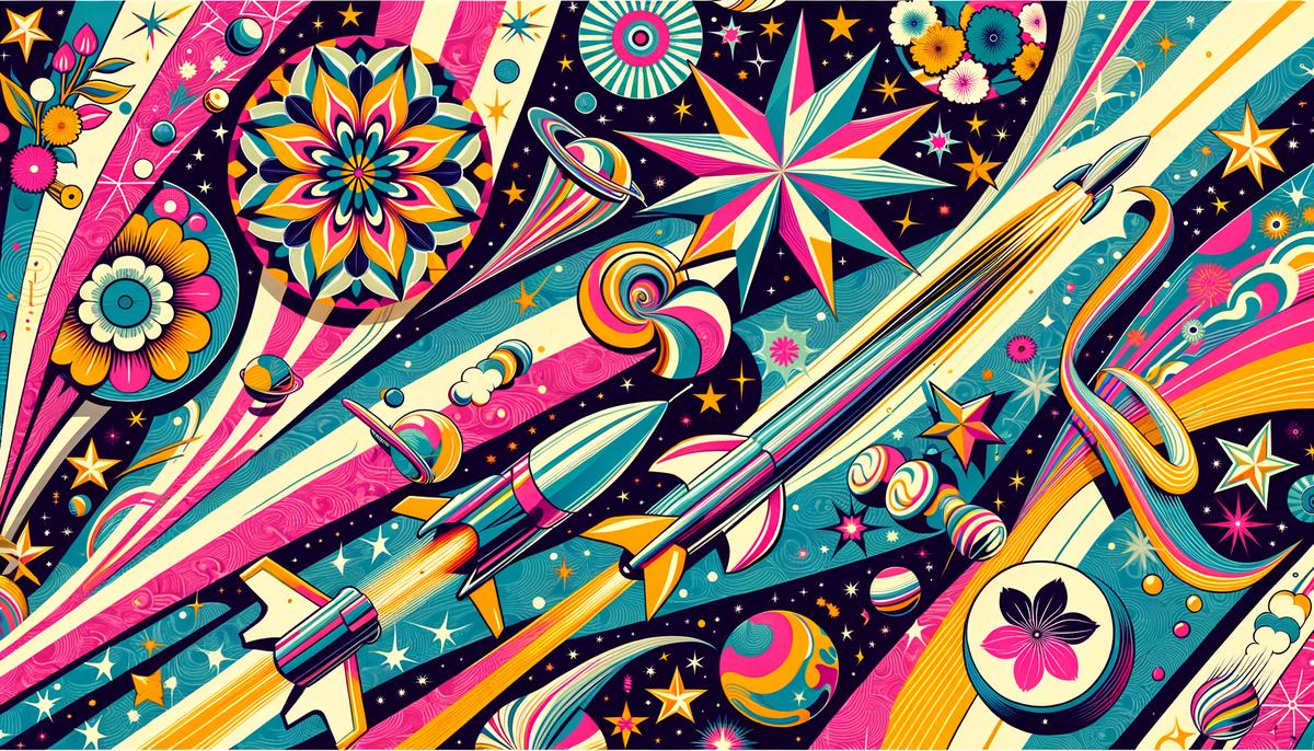 A showcase of vibrant 1950s wallpaper patterns featuring bold florals, geometric designs, and space motifs