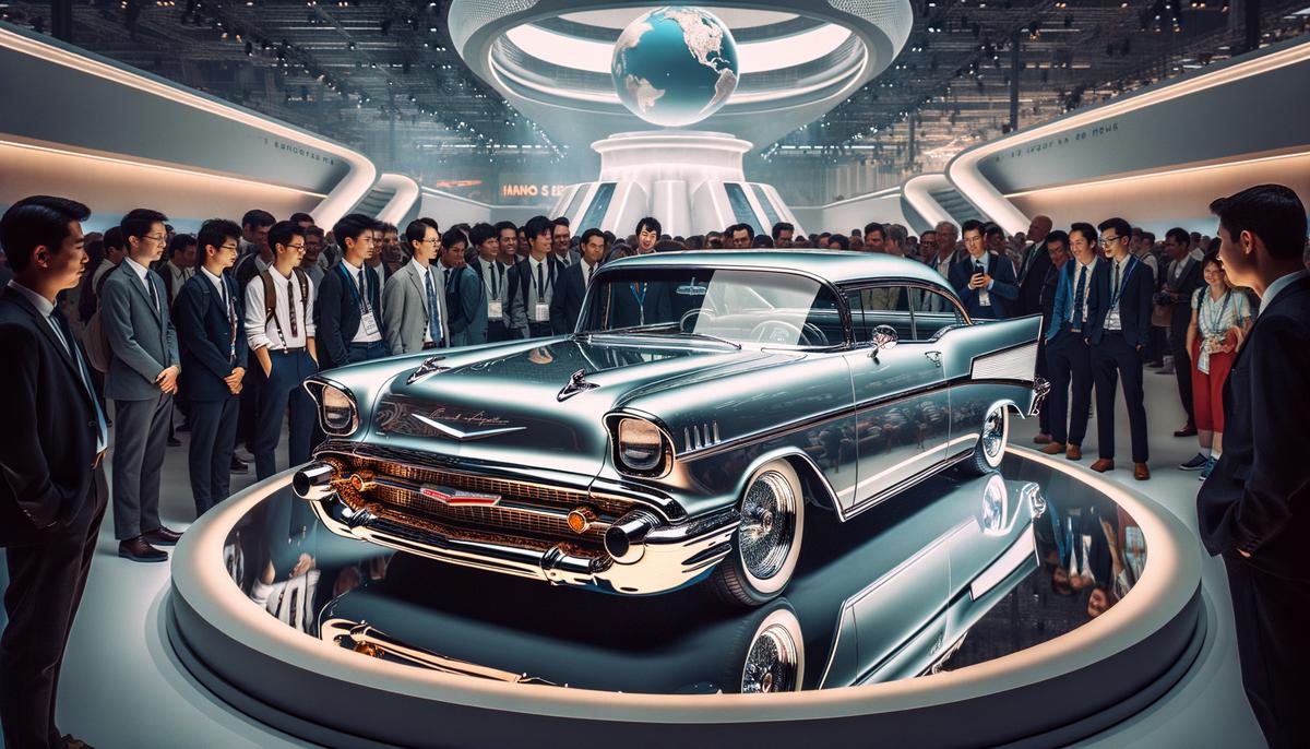 A gleaming 1950s Chevrolet Bel Air on display at the World's Fair automotive exhibit, surrounded by amazed visitors