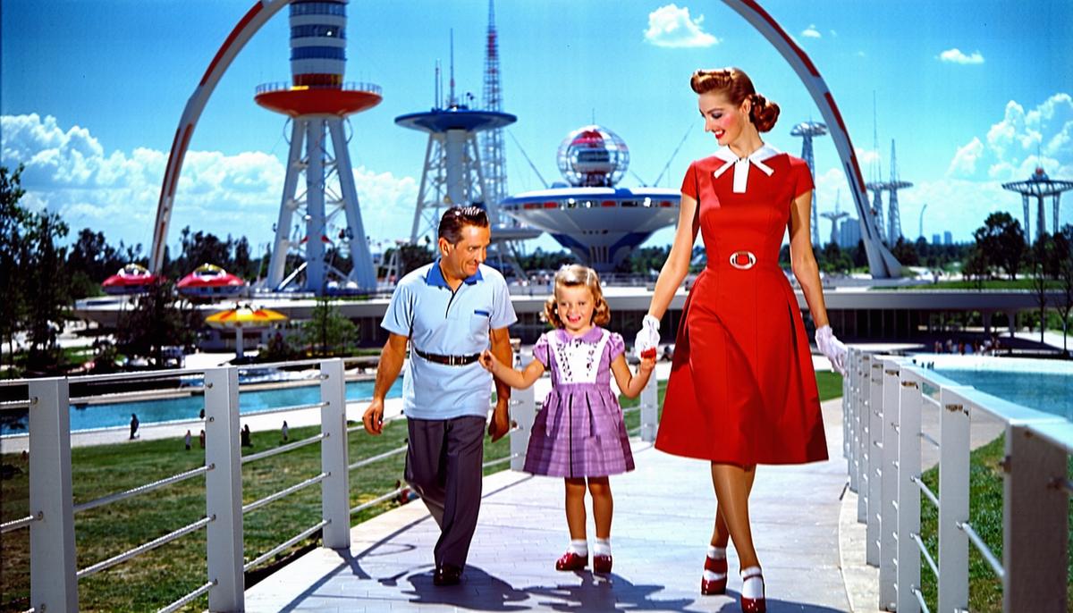 A family in 1950s attire exploring a futuristic exhibit at the World's Fair, with shiny towers and colorful attractions in the background