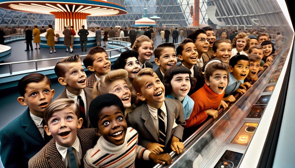 A group of diverse children at the 1950s World's Fair, excitedly interacting with a futuristic science exhibit