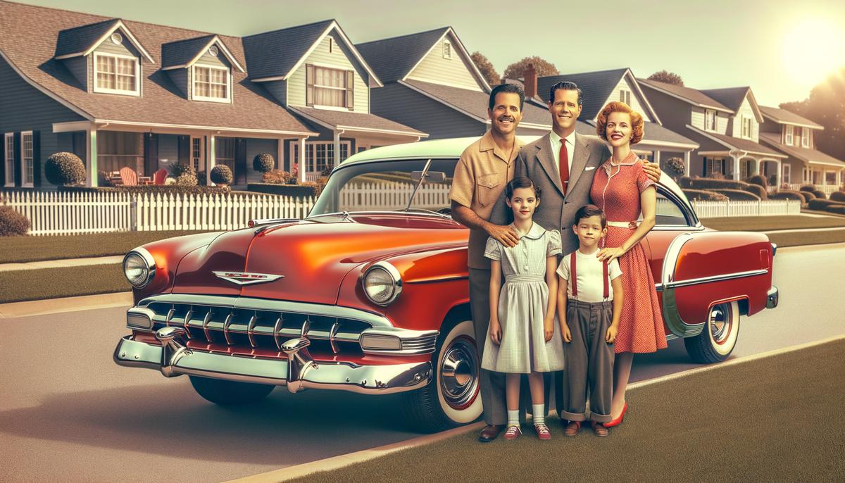 A family posing proudly next to their cherry-red 1952 Chevrolet Bel Air in a 1950s suburban setting