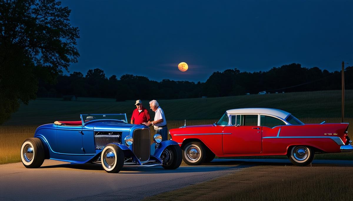 A blue 1932 Ford Roadster pulled up next to a red 1957 Chevy Bel Air on a moonlit road, with an older couple helping two young men