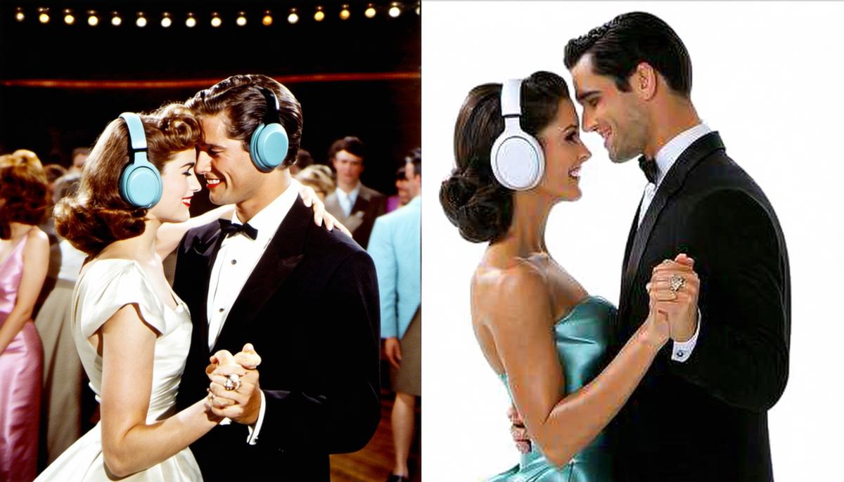 Split image comparing a 1950s couple slow dancing to a modern couple with headphones