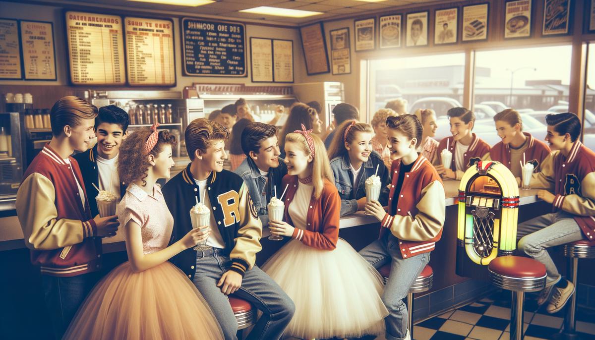 A group of 1950s teenagers in poodle skirts and varsity jackets socializing at a bustling diner