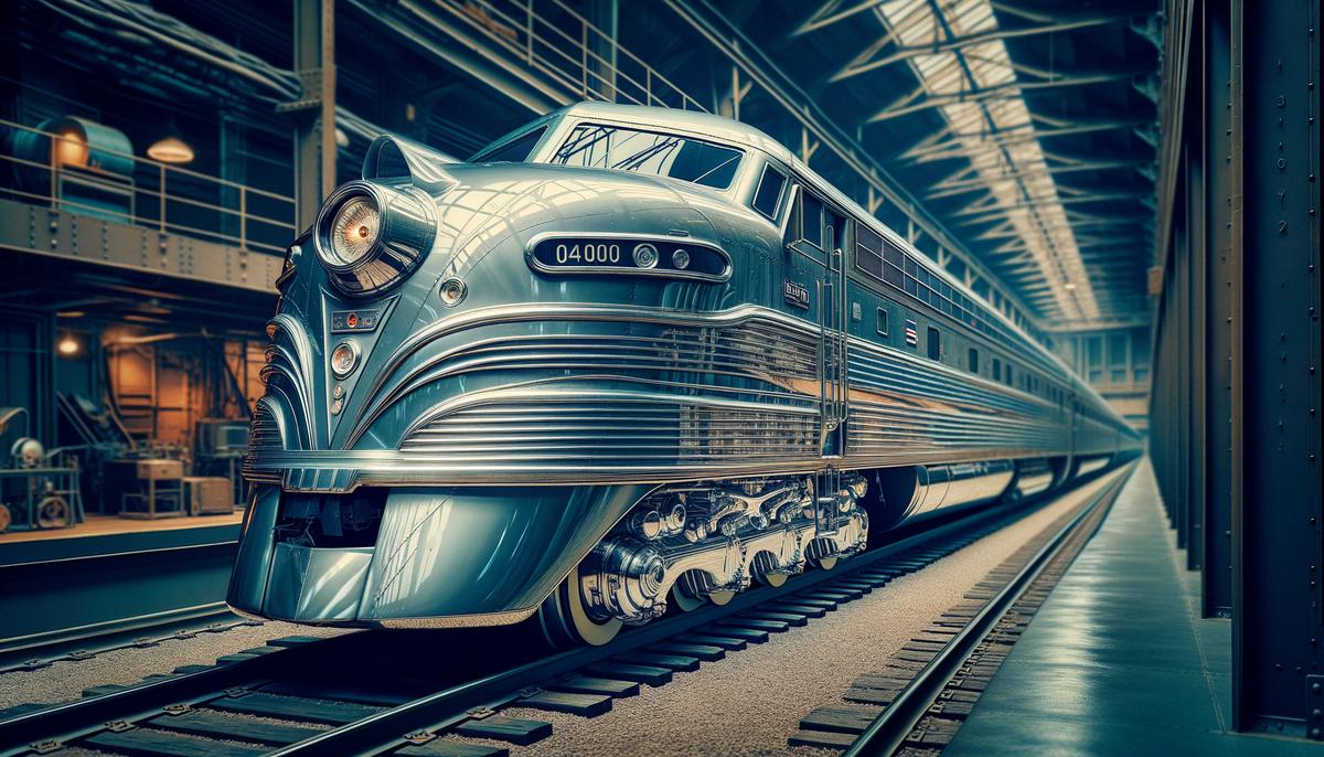 A close-up view of the American Flyer 'Flying Yankee' locomotive, showcasing its sleek design and chrome details