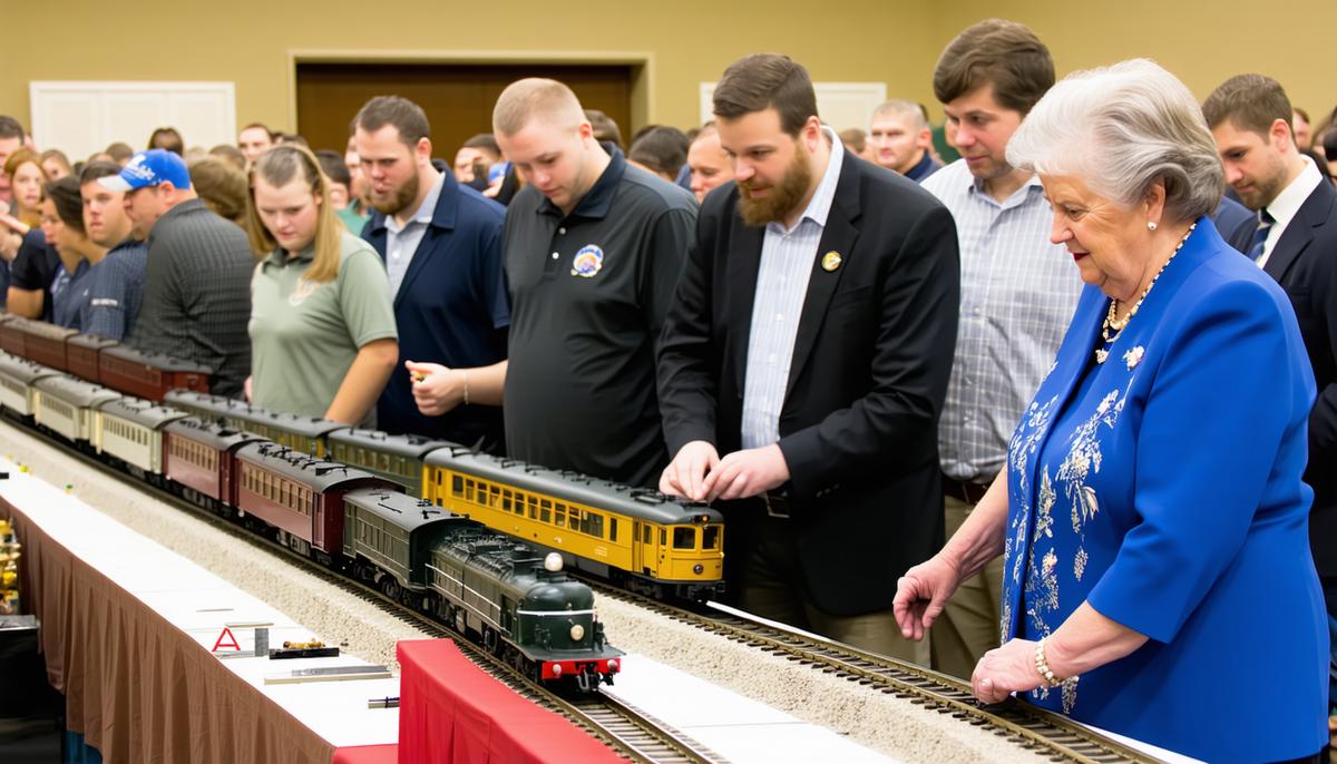 An auction scene featuring a rare American Flyer train set, with enthusiastic bidders vying for the prized item