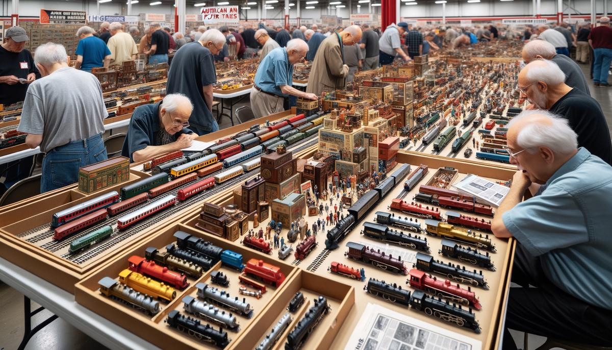 A bustling train collectors' show with displays of vintage American Flyer trains and enthusiasts examining and discussing the models