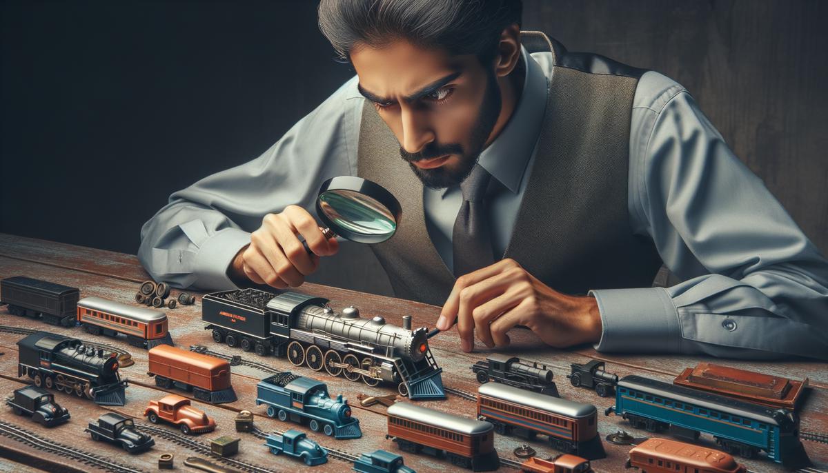 A collector carefully examining a vintage American Flyer train set, assessing its condition and completeness