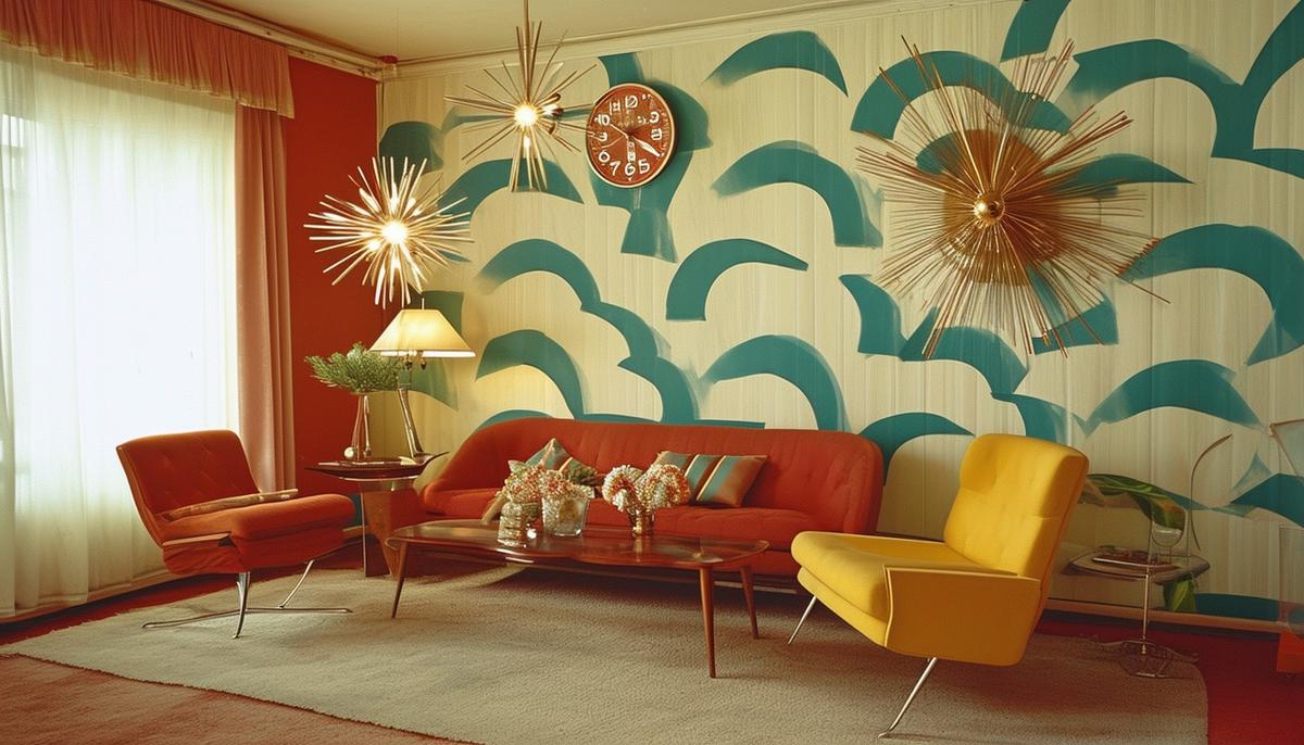A 1950s living room featuring atomic age design elements, including a Sputnik chandelier, starburst clock, and boomerang-patterned wallpaper