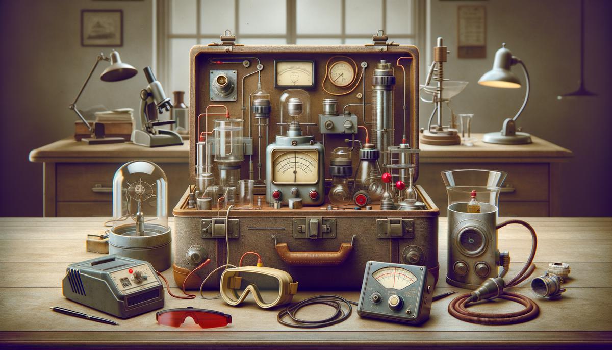 A 1950s Atomic Laboratory Kit opened to display its contents including a Geiger counter, cloud chamber, and electroscope