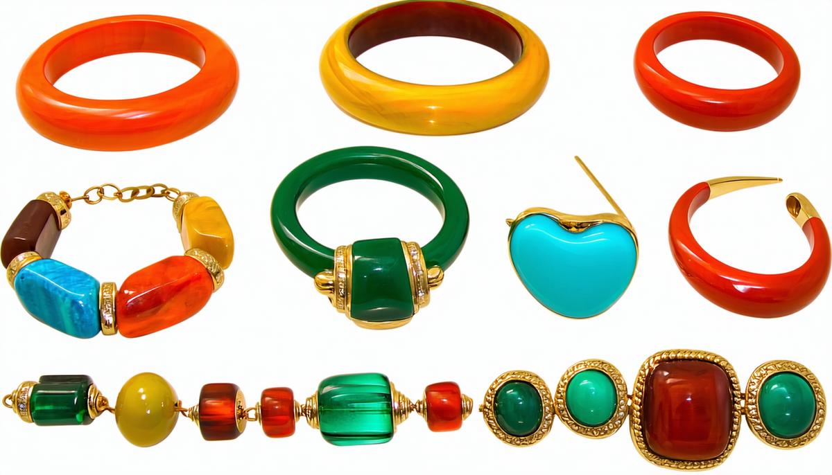 A collection of vibrant Bakelite jewelry pieces from the Art Deco era, including bangles, beads, and brooches in various colors