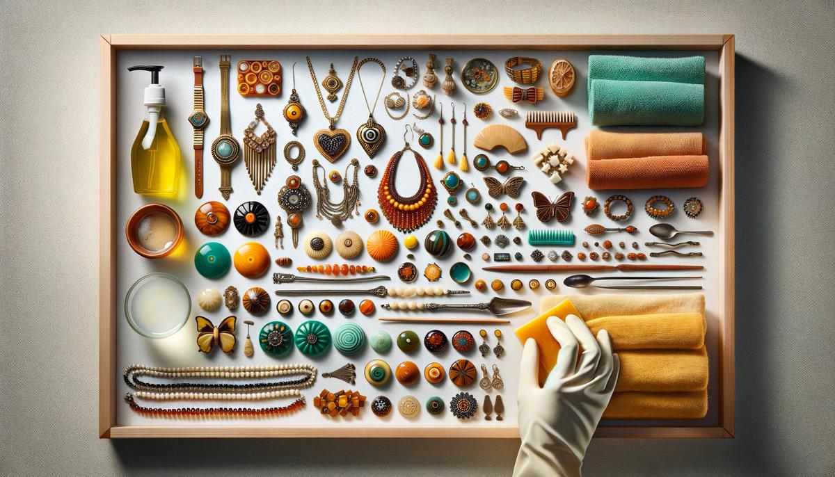 A carefully arranged display of Bakelite jewelry being cleaned and cared for, with cleaning supplies and storage materials visible