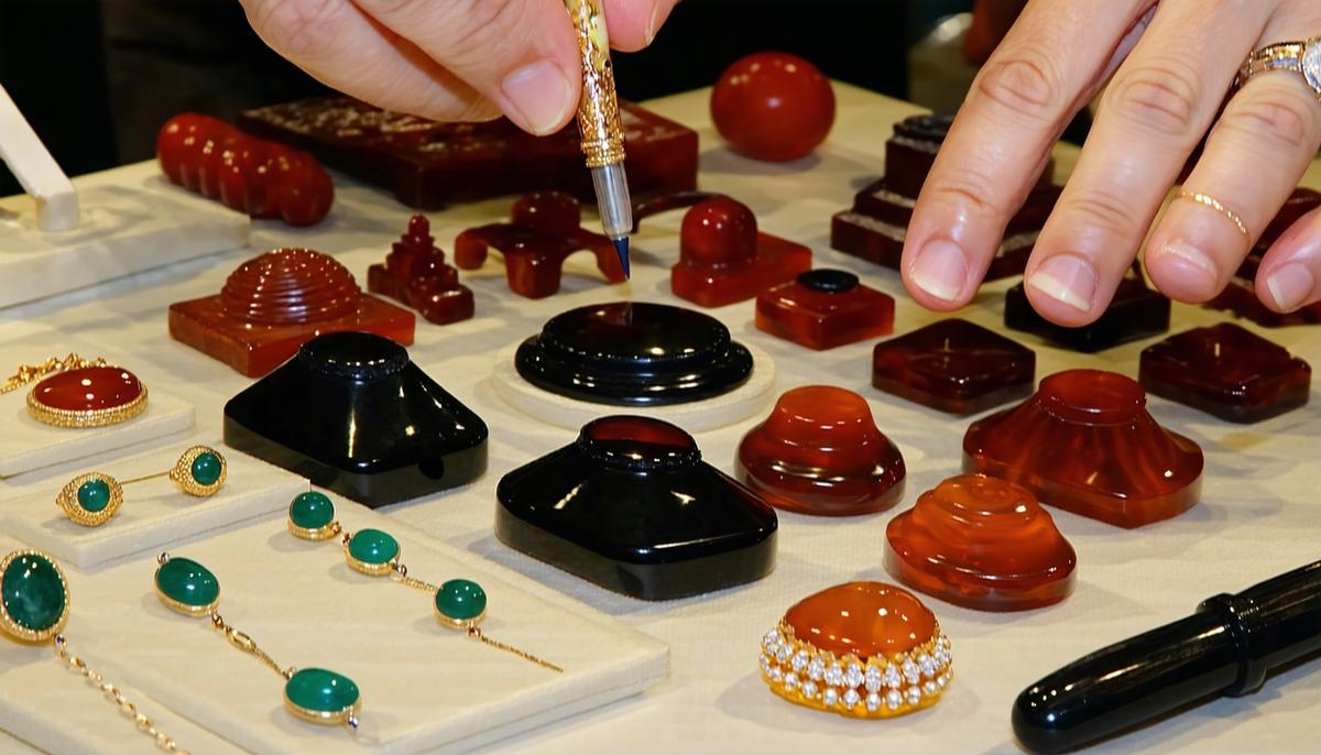 A person performing authentication tests on Bakelite jewelry, including the hot pin test and Simichrome test
