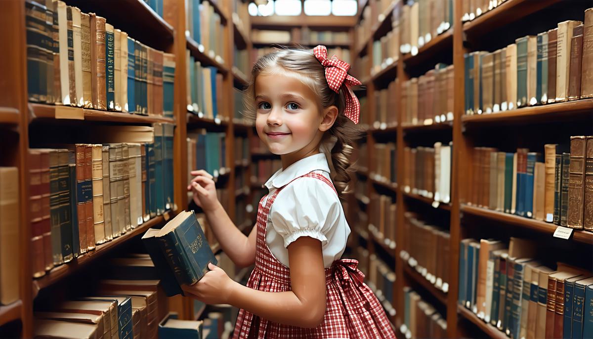 A young Caucasian girl named Betty exploring library bookshelves in the 1950s