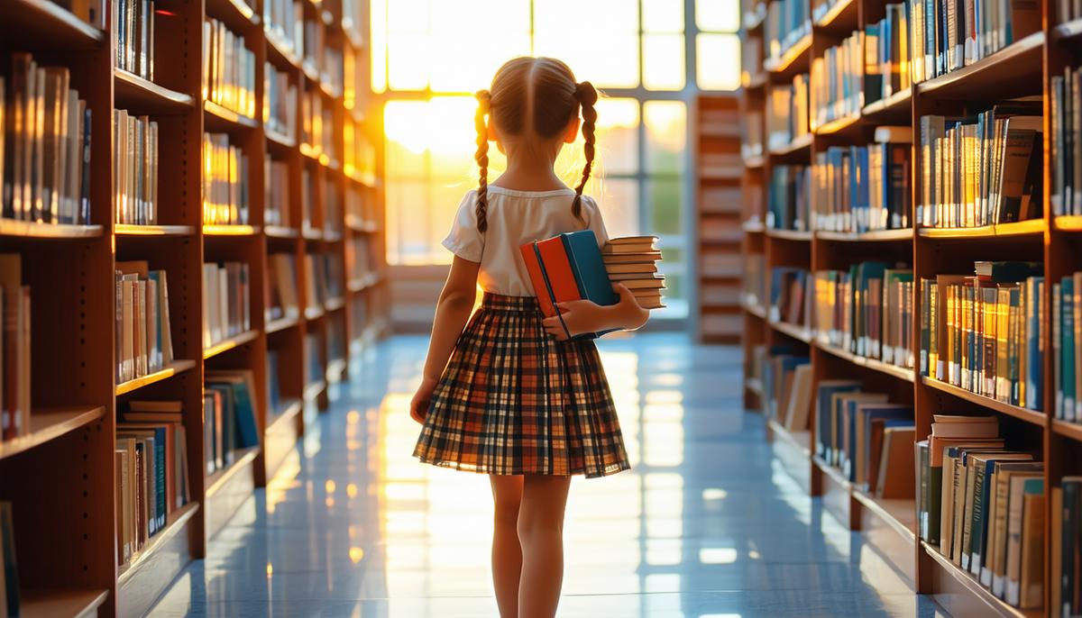 A young Caucasian girl named Betty leaving the library at sunset with arms full of books