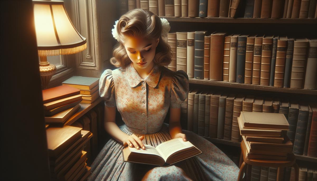 A young Caucasian girl named Betty reading in a cozy library nook surrounded by books